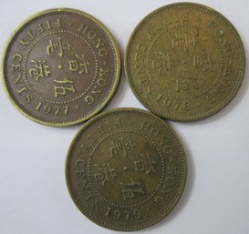 Set Of 3! Authentic Hong Kong Issue, Dated 1977, 8, 9, Fifty $.50 Cents, Queen Elizabeth II, Nickel Brass
