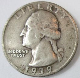 Authentic 1939S WASHINGTON SILVER QUARTER Dollar $.25, San Francisco Mint, 90 Percent Silver, United States
