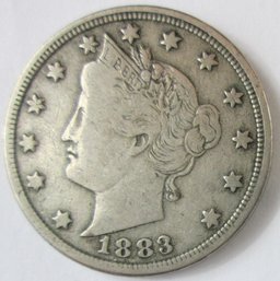 Authentic 1883P 'v' LIBERTY NICKEL $.05, United States, First Year Of Issue, Discontinued WITH CENTS Type Coin