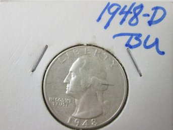 Authentic 1948D WASHINGTON QUARTER Dollar $.25, Denver Mint, 90 Percent SILVER, United States