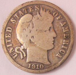 Authentic 1910P BARBER Or LIBERTY SILVER DIME $.10, PHILADELPHIA Mint, 90 Percent Silver, United States