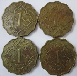 Set 4 Coins, Authentic INDIA Issue, Dated 1942/3/45, One 1 ANNA Denomination, Copper Nickel, Discontinued
