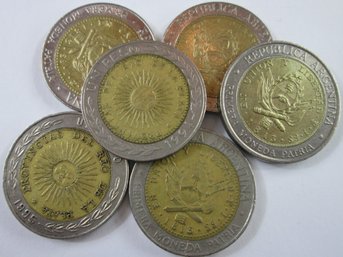 Set 6 Coins! Authentic ARGENTINA Issue, Mixed Dates, 1 Peso, Bimetallic Copper Aluminum Nickel Content