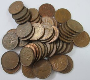 LOT Of 50 Coins! Authentic MAPLE LEAF Cent Penny $.01, Mixed Dates, Copper Content, CANADA