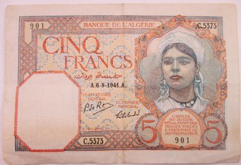 Authentic ALGERIA Bank Issue, 1941 Series, Genuine Cinq 5 Francs, Currency Bill, Bank Note