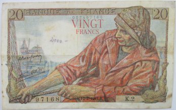 Authentic FRANCE TREASURY Issue, 1942 Series, Genuine Vingt Twenty 20 Francs, Currency Bill, Bank Note