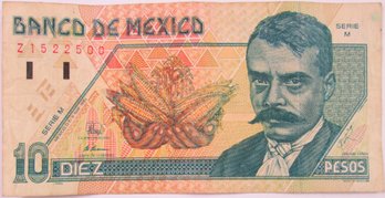 Authentic MEXICO Issue, 1994 Series, Genuine Diez Ten 10 PESO Currency Bill, Banco National De MEXICO