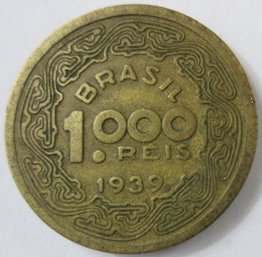 Authentic BRASIL Issue Coin, Dated 1939, Thousand 1000 REIS Denomination, Discontinued, Aluminum Bronze