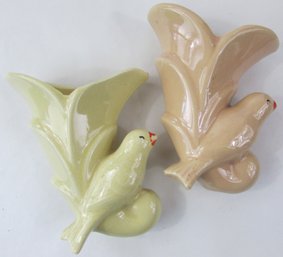 Set Of 2! Vintage AMERICAN Art Pottery, Wall POCKET Vases, BIRDIE Shape, Gloss Glaze, Made In USA, Approx 6'