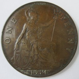 Authentic GREAT BRITAIN Issue, Dated 1914, One 1 Penny, Depicts GEORGE V, Discontinued Design, Copper Content