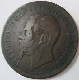 Authentic ITALY Issue Coin, Dated 1862M, Vittorio Emanuelle II, Ten 10 Centesimi, Bronze Content, Discontinued