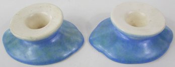 LOT OF 2! Signed WELLER Art Pottery, Arts & Crafts CANDLESTICKS, BLUE Glaze, Made In USA