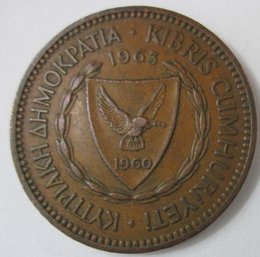 Authentic CYPRUS Issue Coin, Dated 1963, Five 5 MILS Denomination, Bronze Content, Discontinued Design