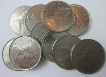 SET Of 10 COINS! Authentic CANADA Issue, Sailboat Dime $.10 Cents, Mixed Dates, Discontinued Type Coins