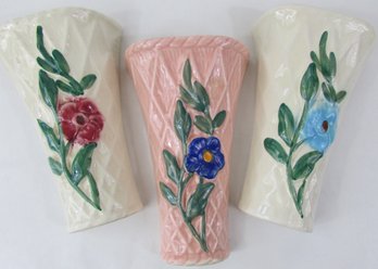 Set Of 3! Vintage AMERICAN Art Pottery, Wall POCKET Vases, Flower Design, Gloss Glaze, Made USA, Approx 7.5'