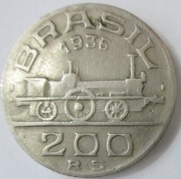 Authentic BRASIL Issue Coin, Dated 1936, Two Hundred 200 REIS Denomination, Discontinued, Copper Nickel