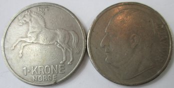 Set 2 Coins! Authentic NORWAY Issue, Dated 1968 & 70, One 1 KRONE, Depicts Olav V, Nickel Copper Content