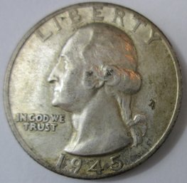 Authentic 1945D WASHINGTON QUARTER Dollar $.25, Denver Mint, 90 Percent SILVER, United States