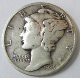 Authentic 1939P MERCURY SILVER DIME $.10, Philadelphia Mint, 90 Percent Silver, Discontinued United States
