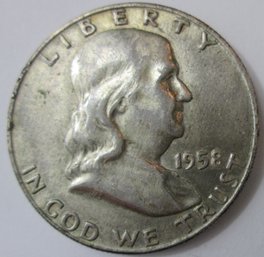 Authentic 1958D FRANKLIN SILVER Half Dollar $.50, DENVER Mint, 90 Percent Silver, Discontinued United States