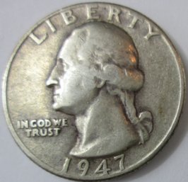 Authentic 1947P WASHINGTON SILVER QUARTER Dollar $.25, Philadelphia Mint, United States