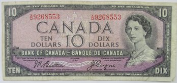 Authentic Bank Of CANADA Note, Dated 1954 Series, Genuine Ten Dix $1) Dollars, Currency Bill