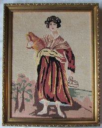Vintage NEEDLEPOINT: Woman Water Carrier, Petit Point Stitch, Fine Detail, Approx 19' X 15,' NicelyFramed
