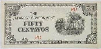 Authentic Japanese PHILIPPINES Issue, CRISP 1942 Series Note, Genuine Fifty 50 Centavos, Currency Bill