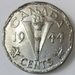 Authentic CANADA Issue Coin, Dated 1944, Five 5 Cents, Depicts GEORGE VI, Commemorative Design, Chromium Plate