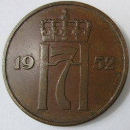 Authentic NORWAY Issue Coin, Dated 1952, Five 5 ORE Denomination, Discontinued Design, Bronze Content