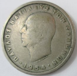 Authentic GREECE Issue Coin, Dated 1954, Two 2 DRACHMAI Denomination, Copper Nickel Content, Discontinued