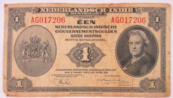 Authentic NETHERLANDS Issue Note, Dated 1943, One 1 GULDEN, Currency Bill, Depicts Wilhelmina