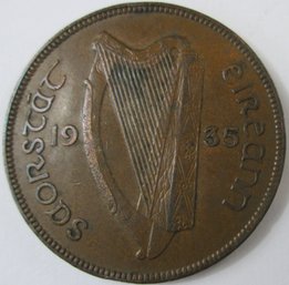 Authentic IRELAND Issue Coin, Dated 1935, One 1 PINGIN Denomination, Bronze Content, Discontinued Style