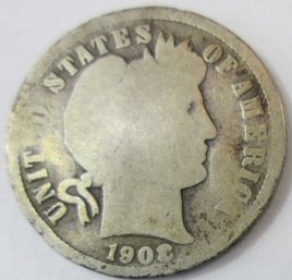 Authentic 1908D BARBER Or LIBERTY SILVER DIME $.10, Denver Mint, 90 Percent Silver, Discontinued United States