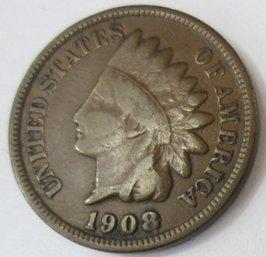 Authentic 1908P INDIAN Cent Penny $.01, Philadelphia Mint, Copper Content, Discontinued United States