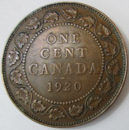 Authentic CANADA Issue Coin, Dated 1920, One $.01 Penny, Depicts GEORGE V, Discontinued Style, Copper Content
