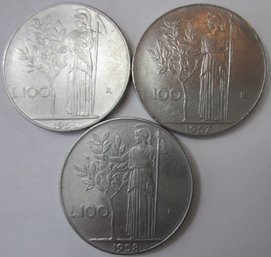 Set 3 Coins! Authentic ITALY Issue, Dated 1956/7/8, One Hundred 100 LIRA Denomination, Copper Nickel Content