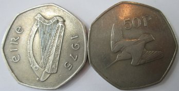Set 2 Coins! Authentic IRELAND Issue, Dated 1975/6, Fifty 50 Pence, Copper Nickel Content, Discontinued
