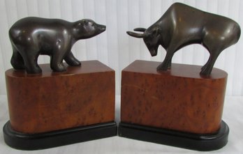 Vintage Pair BOOKENDS, Commodities BULL & BEAR Markets Design, Faux Burl Bases, Cast Metal Animals
