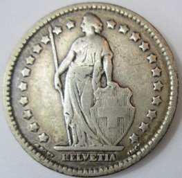Authentic SWITZERLAND Issue Coin, Dated 1914B Helvetia, One 1 Swiss Franc, Silver Content, Discontinued