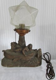 Vintage ART DECO Table Accent Lamp, 'AN EASY LIFE' Design, Glass STAR  Shade, Spelter Base, Approx 14' Tall