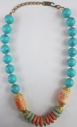 Vintage Bead NECKLACE,  Faux Turquoise & Carved Style Accent Beads, Made In ITALY, Base Metal Barrel Closure