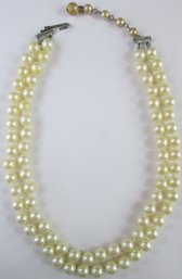 Vintage Double Strand Necklace, Faux Pearls, Silver Tone Base Metal Hook Closure, Approximately 16' Length