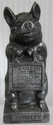Vintage Figural COIN BANK, 'THE WISE PIG: THRIFTY,' Metal, Approx 6.5' Tall