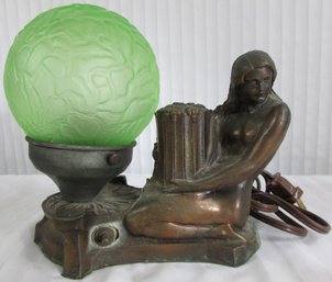 Vintage ART DECO Table Accent Lamp, RECLINING NUDE Design, Green Glass BRAIN Shade, Spelter Base, Appx 8' Long
