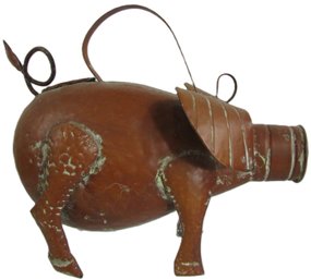 Imported WATERING CAN, Whimsical PIGGY Design, COPPER Color, Metal Construction, Approx 15' Long