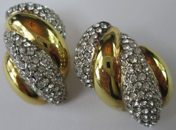 Vintage Clip Earrings, Sculptural TWIST Design, Pave RHINESTONES, Gold Tone Base Metal Settings