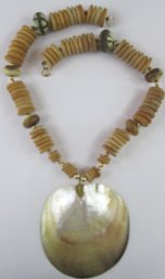 Vintage Drop Pendant Necklace, Polished Mother Of Pearl, Chunky Style & Gold Accent Beads, Clasp Closure