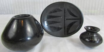Set Of 3! Vintage Handmade POTTERY Miniatures, BLACKWARE Decoration, Dish Approx 4' Wide