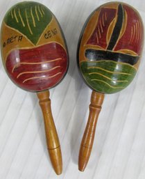 SET Of 2! Vintage Wooden Musical MARACAS, Hand Decorated, Unknown Origin, Approx 11'